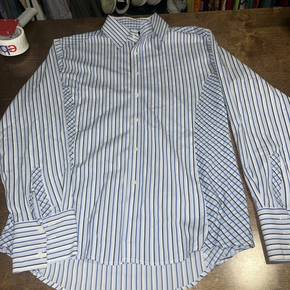 7 Diamonds Shirt‎ Men XL Blue Vertical Stripe Button Up Dress Oxford Adult